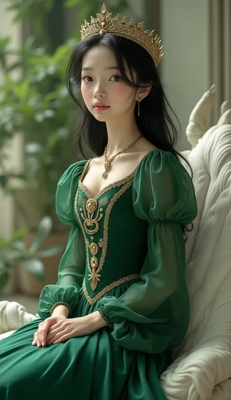  beautiful cutee princessof 18 years(white skin. Green eyes. Dark green dress. White skin. Crown on her head. Black hairs) sitting on a beautiful hourse(white colour) in a beautiful place HD. Realistic. High detailsp