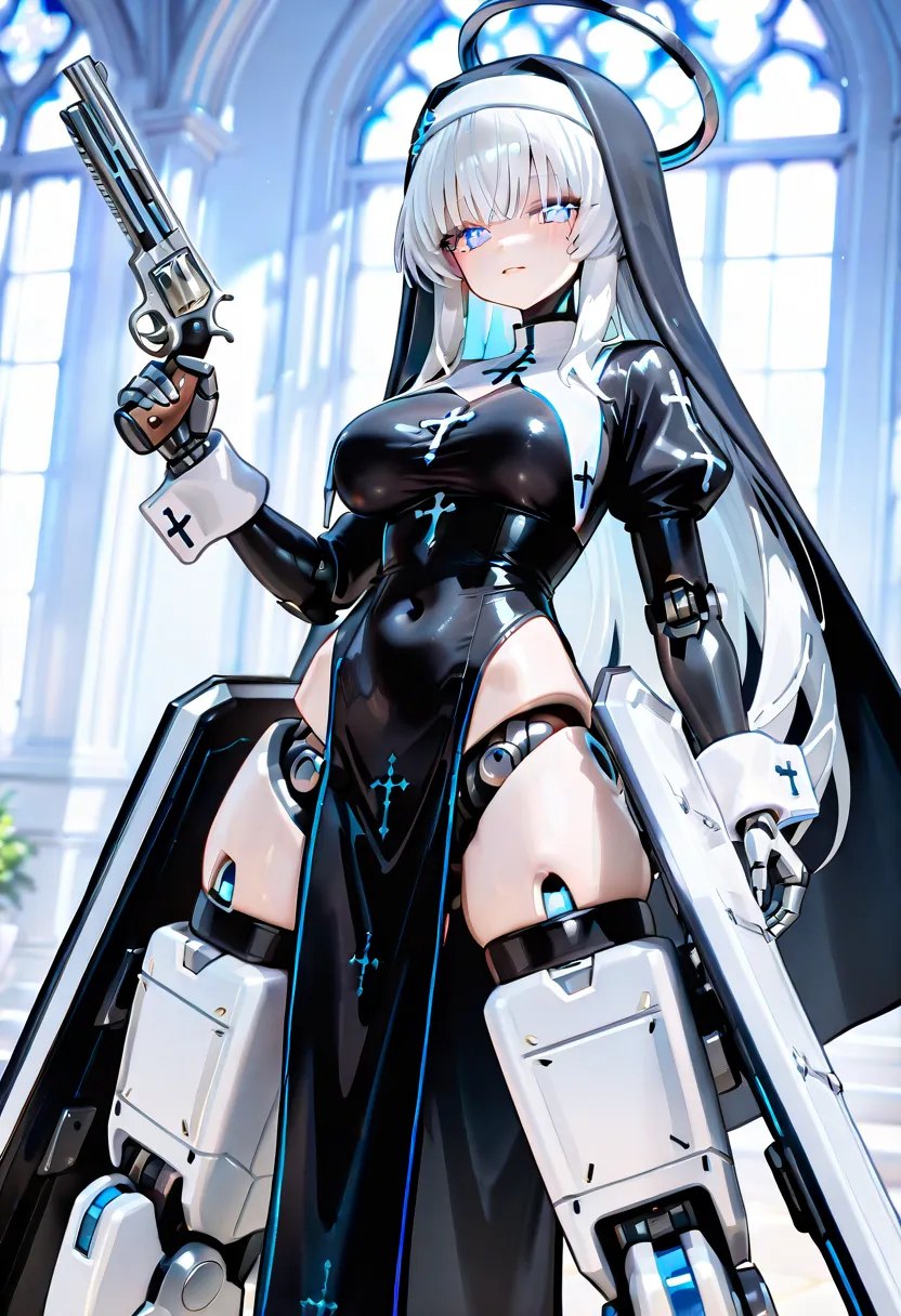   nun's habit clothes。Robot Girl。The location is a church 。 Machine Body 。Holding a large coffin。Mechanical quadriceps。 Cross 。White eyes。Machine Hands and Legs。cyberbody。Coffin-shaped armed unit。detailed face。 revolver。