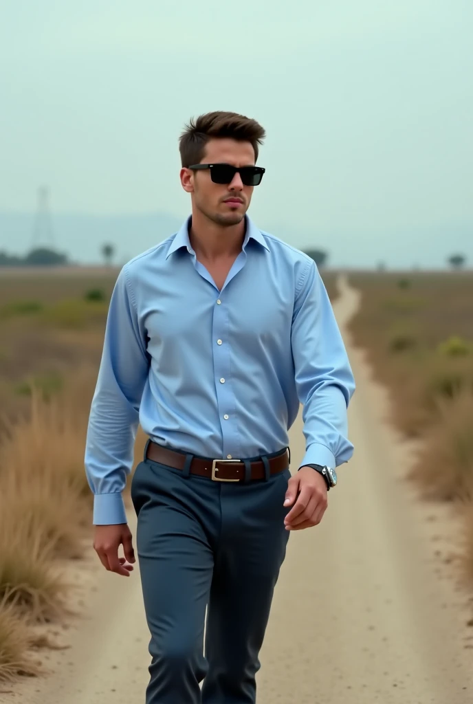 Make the image of a confident man walking down the street in his baby blue dress shirt, and wearing dark glasses he is in a more naturalistic and emptier landscape, The man is exuding confidence 