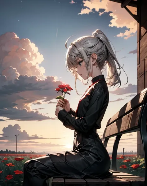 A anime character girl  sitting on a bench roadside , some wood house , a cat sat, one pink sky, red flower, the field is dark ,black, the girl also colourless 