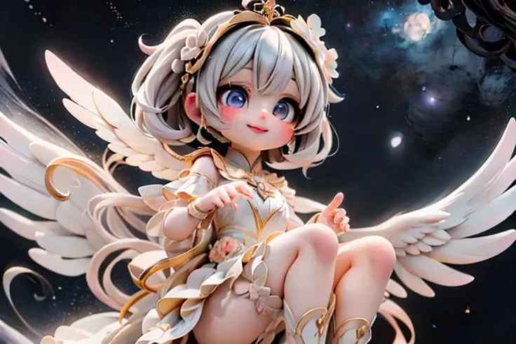  A diminutive winged cherub, radiating joy and innocence, stands tall in a flowing white gown, adorned with statement stilettos and delicate floral hairpieces. Her beaming smile illuminates the night sky, where sparkling stars twinkle like diamonds against...