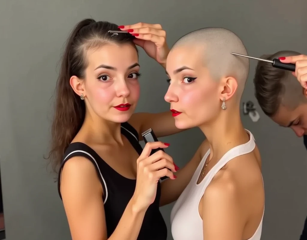 dark hair twin women, (shaving the other woman's head), both women are having their hair cut, facing each other, looking at viewer, long dark hair, half bald heads, ((in their hands they are holding hair clippers to the other woman's head)), (((shaving eac...