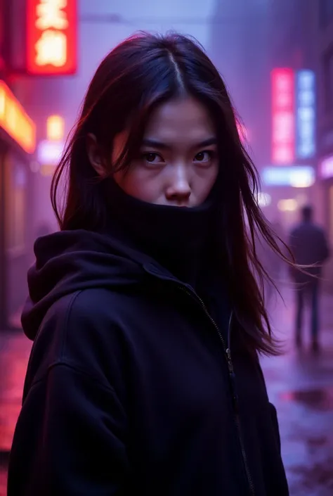 Young adult girl, long black hair, Asian, series, Cold personality, wearing neon black sweatshirt, collar covering mouth,  penetrating look, blurry cyberpunk city background in purple and orange colors, blur, Realistic lighting, real shadows