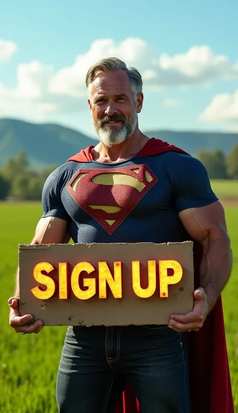 "An older superman,  with gray hair and short beard ,  extremely muscular, holding a large sign with the word 'SIGN UP' in flashy letters. He has a confident and charismatic expression. In the background, there is a beautiful green farm field, with gentle ...