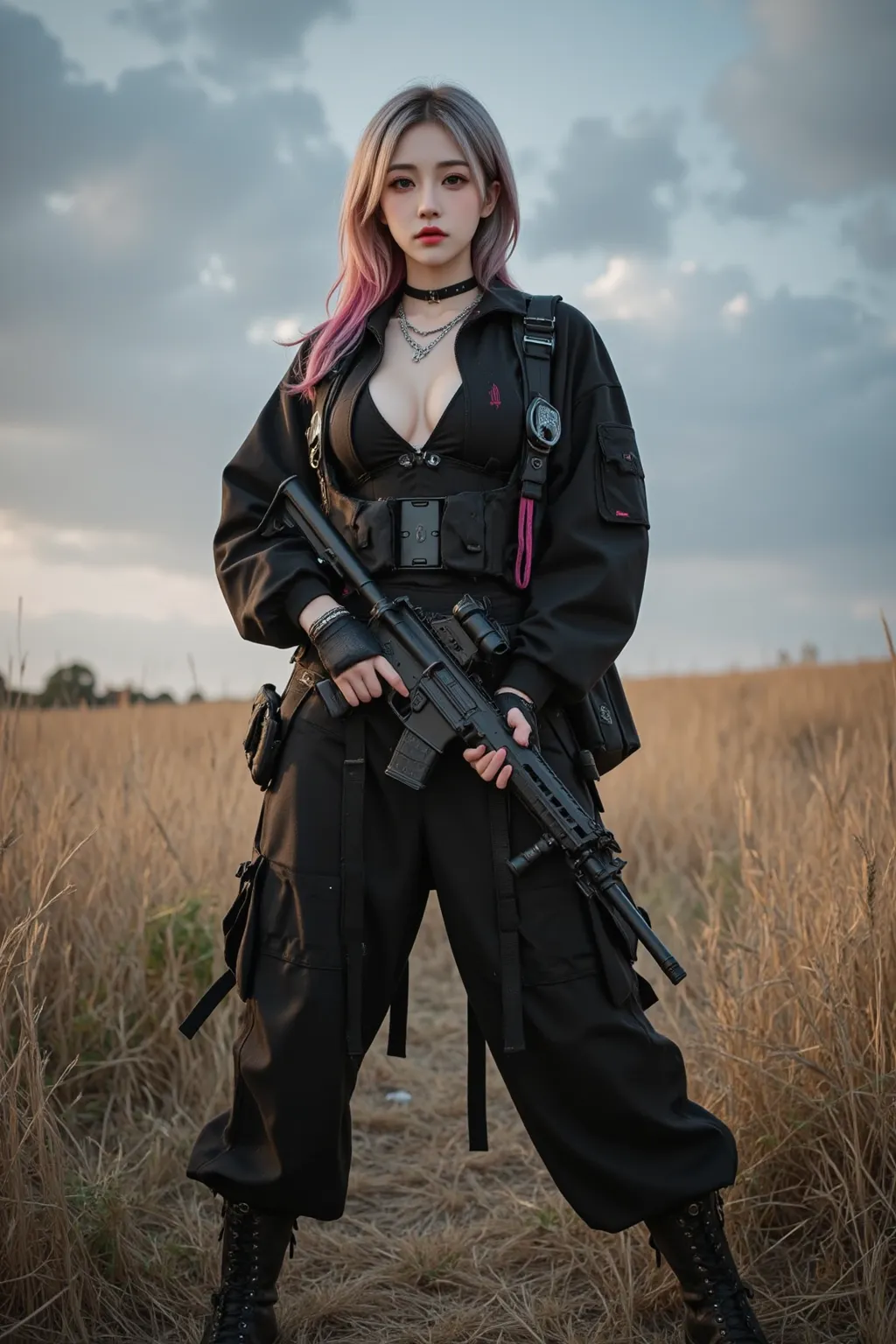 A stunning woman standing confidently in the middle of an open grassland, blending high-end street fashion with rugged military combat aesthetics. She wears a tactically inspired yet stylish outfit, featuring an oversized streetwear jacket with reinforced ...