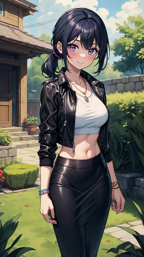 ((masterpiece, best quality:1.3, high detail)), beautiful woman, smile, long wavy hair, (dark blue hair), low ponytail, hairpin, bright purple eyes, light blush, (black leather jacket crop top, white undershirt), (long gray midi pencil skirt), long skirt:1...