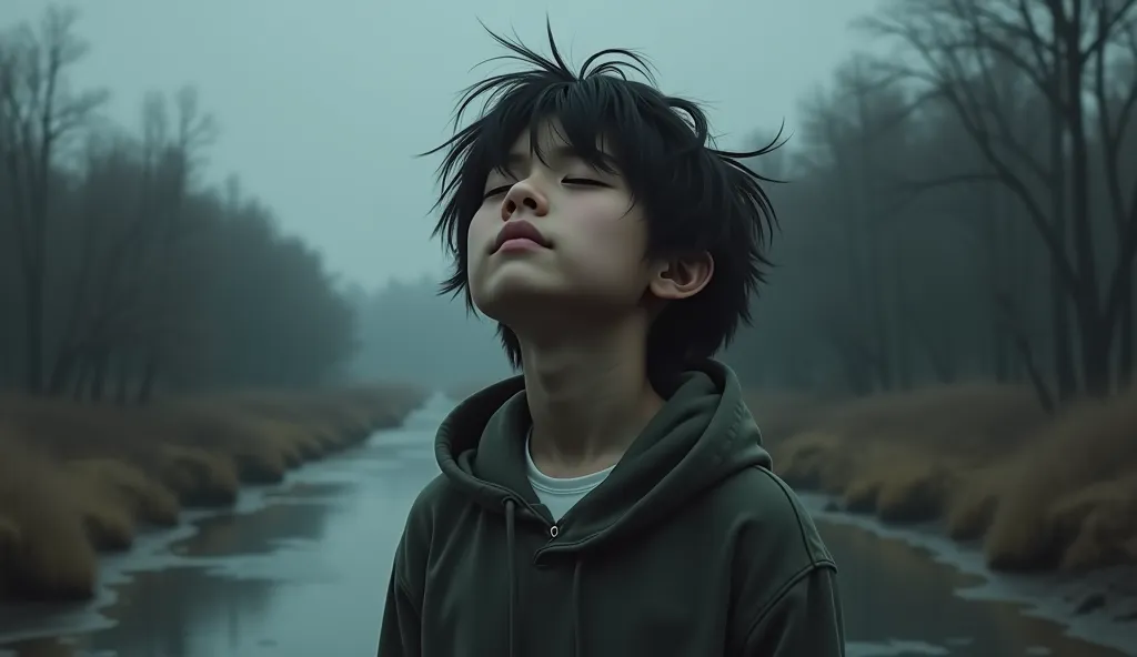 (photorealism:1.2), "A young person with dark, messy hair and a hoodie, standing in a desolate, dimly lit environment. Their head is tilted upwards, with their eyes closed, giving an expression of contemplation or sorrow. The background is blurred and mute...