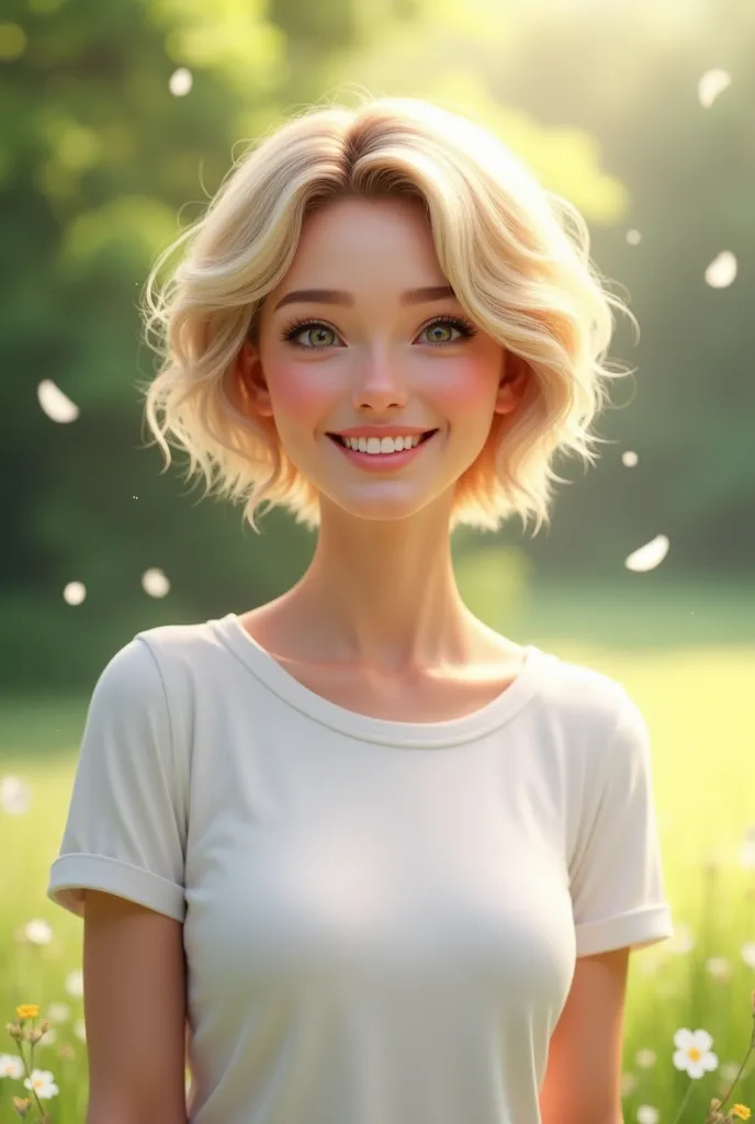 I need to generate a hyperrealistic mokup of white women, Short hair looks smiley wearing a white t-shirt in an outdoor environment