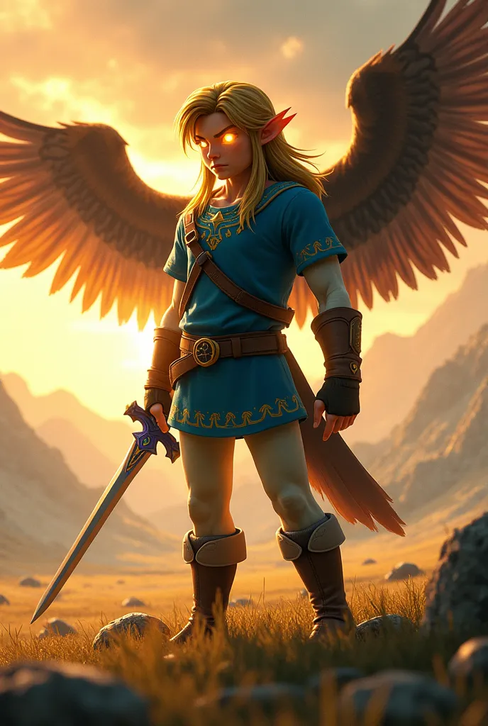 A humanoid hybrid creature with the upper body of Link (his tunic, Master Sword, and focused expression) and the lower body of an eagle (powerful wings and sharp talons). His eyes glow with a bright golden light, and his sword shines with energy. The backg...