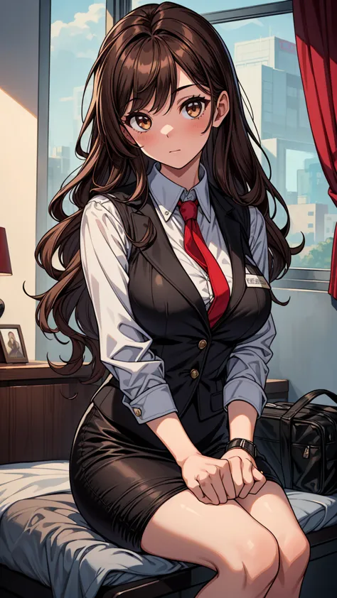 ((masterpiece, best quality:1.3, high detail)), ((1girl)), (((beautiful woman))), (stewardess), bright brown eyes, (long wavy hair), (dark brown hair), hairpin, (white collar shirt vest, red tie, blazer), black pencil (skirt), medium knee skirt, slim body,...