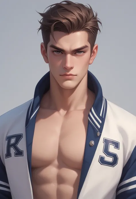 A handsome  man in his 20s  a confident pose,  he's wearing a letterman jacket, a serious expression, looking at the viewer, confident 