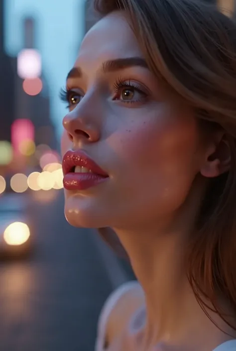 Generate a 3D animation of feminine lips, focused on the foreground, that move and transform showing the result after being filled with acid hyaluronic. The lips must have a natural finish, suave,  with a subtle sheen . The background must be a New York-li...