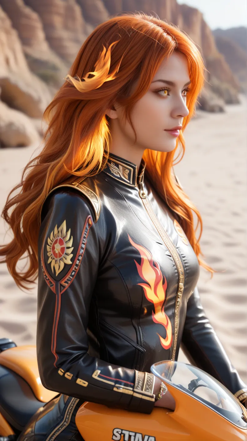 Female figure (age:1.1, ethnicity:1.2, detailed clothing:1.2, accessories:1.1, facial features:1.3, expression:1.2, body type:1.1, pose:1.2), fiery orange hair flowing, riding a gold motorcycle (detailed design:1.2),  black leather-like outfit,  yellow eye...