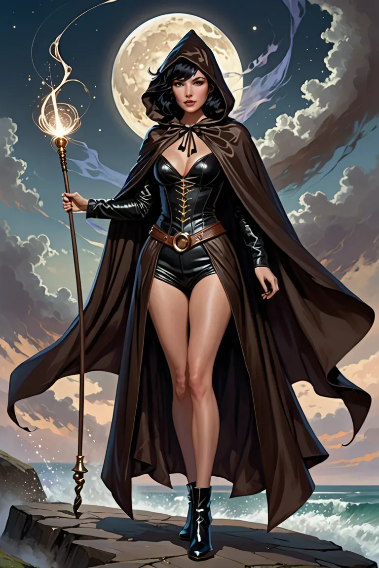 A woman with short disheveled black hair, She wears a dark brown fantasy magician's cape that is very large, The hood covers his face giving it a mysterious touch and in his hand he carries a simple rod very large of magic. You can see her full body and it...