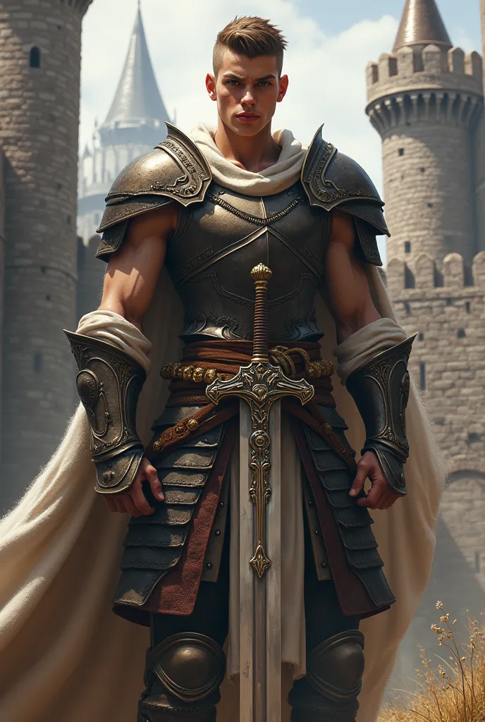 Create a muscular, 20-year-old prince wearing partial armor, wielding a two-handed sword. He has brown hair and shaved sides and brown eyes, background is a fortress