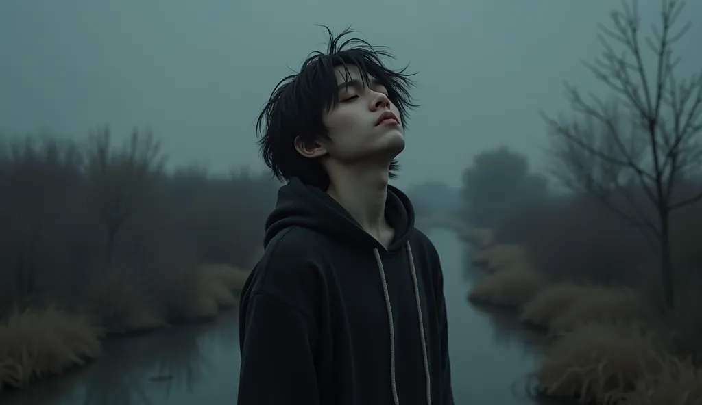 (photorealism:1.2), "A person with dark, messy hair crying, and a hoodie, standing in a desolate, dimly lit environment. Their head is tilted upwards, with their eyes closed, giving an expression of contemplation or sorrow. The background is blurred and mu...