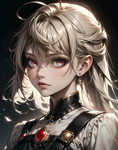 Create me a young girl, 1.70 large, short brown hair with silver tips, blood orange eyes, slightly dark skin, and she looks like from a soulsalike rpg, it should be drawn, not realistic, slightly wavy hair and she is . Art style should be drawn 