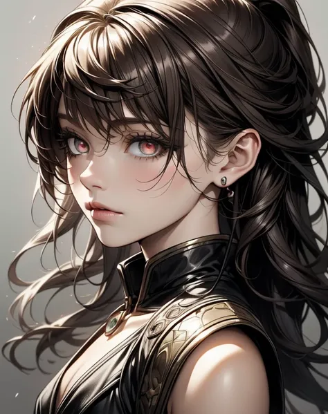 Create me a young girl, 1.70 large, short brown hair with silver tips, blood orange eyes, slightly dark skin, and she looks like from a soulsalike rpg, it should be drawn, not realistic, slightly wavy hair and she is . Art style should be drawn 