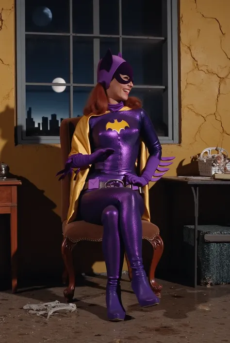 Masterpiece, Award Winning, High Quality, artgerm, solo, wearing retro Batgirl purple costume, big breast, retro red hair, looking at viewer, makeup, yellow Batgirl cape, b4tg1rl woman, posing sexy, Yvonne Craig, sexy hungarian model, purple ankle boots, s...