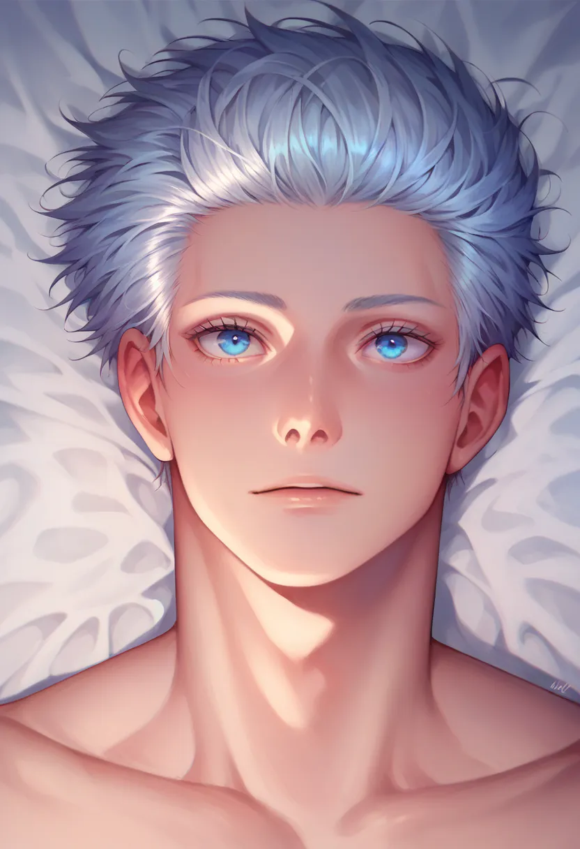 8K Beautiful Beautiful Boy, Blue Eyes, Silver Hair, Face Up, Detailed Picture 