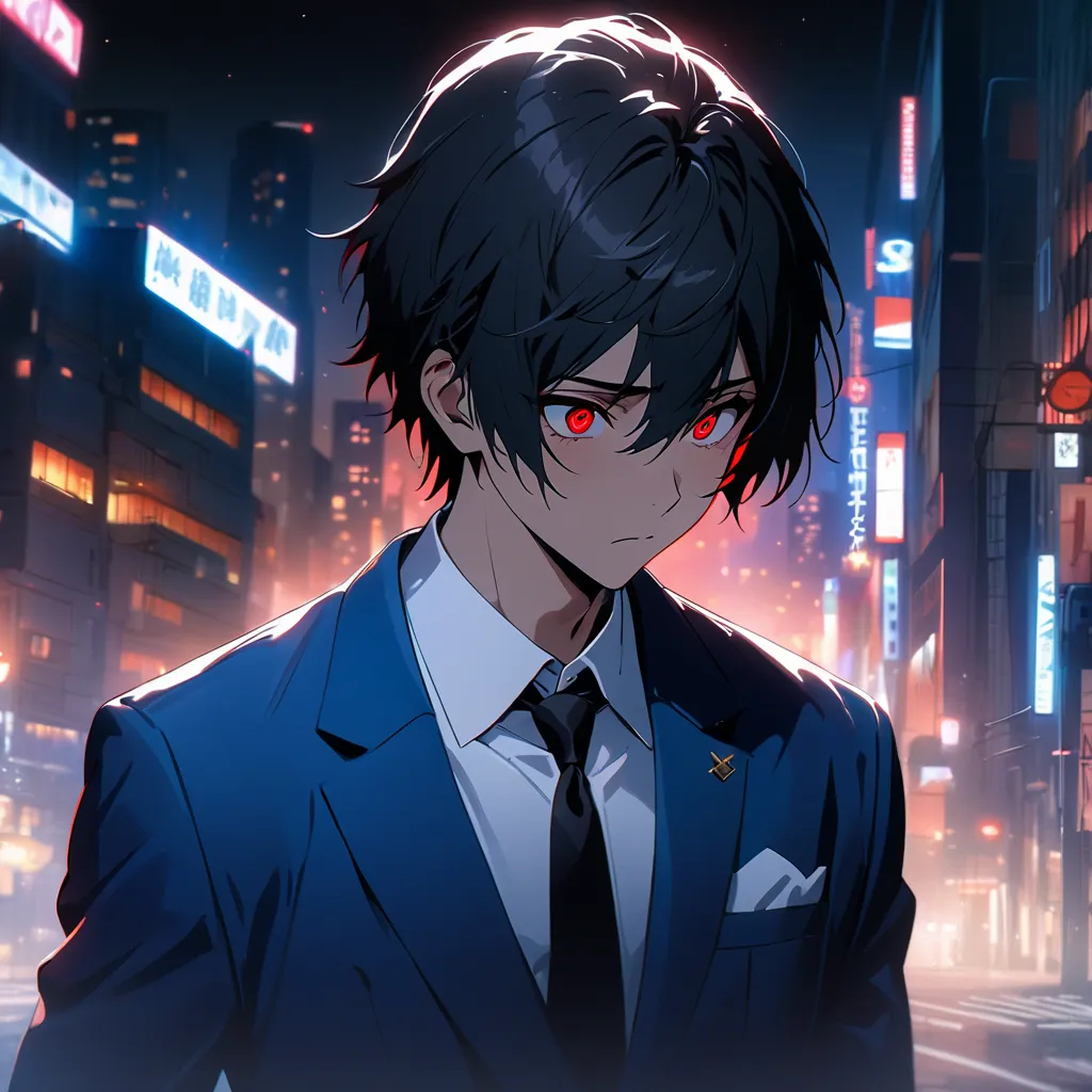 Masterpiece, solo, male, 1 man, 18 years old, strong, 5 fingers, 5 fignered, strong, red eyes, complex_eyes, asian style haircut, black hair, blue suit, white shirt, black tie, worried, walking down a street at night,buildings, field, cityscape, night, sfx...