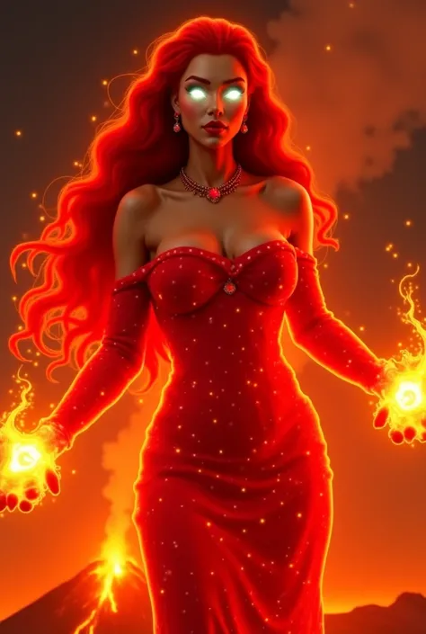 Female, Red Curly Long Hair, Glowing Lava Flow Skin, Huge Breasts, White Glowing Eyes, Red Lips, Ruby Earrings, Ruby Necklace, Red Lava Off Shoulder Gown, Shooting out Glowing Lava from hands, Erupting Volcano with Glowing Lava as Background, Night Time, A...