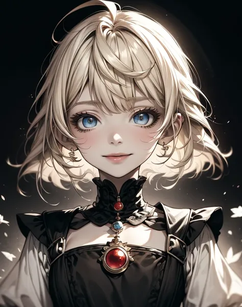 Highest quality, (Background details), High Contrast, Very beautiful  , Detailed original illustrations,very small stature、、Villain、gnome,Villain、 Wavy platinum blonde hair、Bob Cut Hair、 Delicate face,  Spoiled brat、White sundress、Real breasts, Flat Chest、...