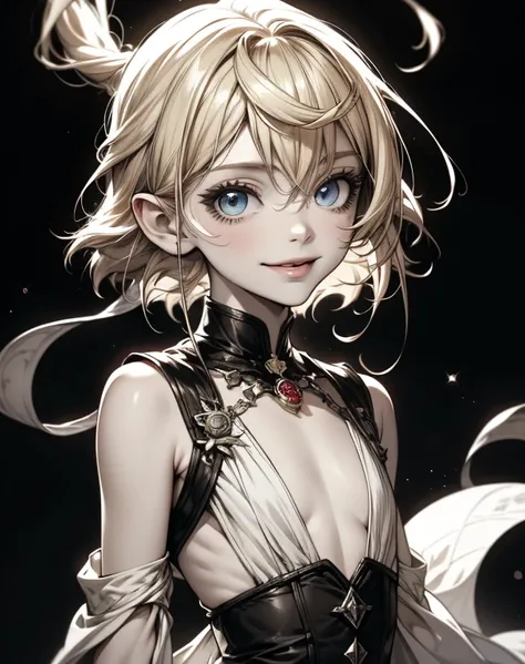 Highest quality, (Background details), High Contrast, Very beautiful  , Detailed original illustrations,very small stature、、Villain、gnome,Villain、 Wavy platinum blonde hair、Bob Cut Hair、 Delicate face,  Spoiled brat、White sundress、Real breasts, Flat Chest、...