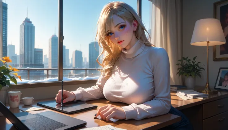 "A girl with a nice body and nice breasts sits at a small desk in a cozy room, her perfect face lit by a desk lamp as she types on her laptop. She’s dressed in a turtleneck sweater, her perfect eyes occasionally glancing at the cinematic snowy cityscape vi...