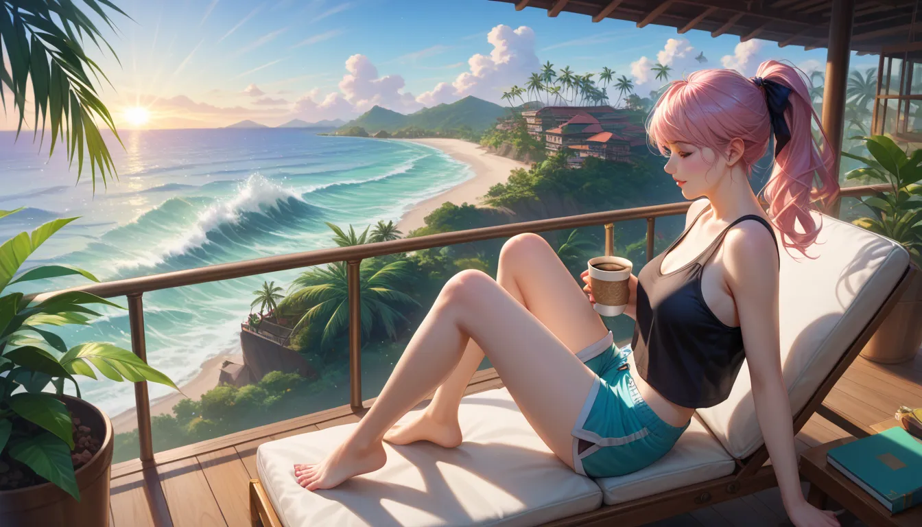 "A woman med boobs with pastel green and pink hair tied in a ponytail sits barefoot on a bamboo chair on a rooftop balcony overlooking a tropical island. She is dressed in a black tank top and loose beach shorts, typing on her laptop. A cup of coffee sits ...