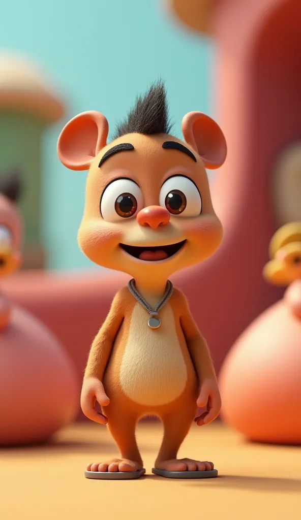 A person 3D animated character with a funny and exaggerated expression, looking at his eyebrowless chest. The scene is colorful, cartoonish, with soft textures and exaggerated features