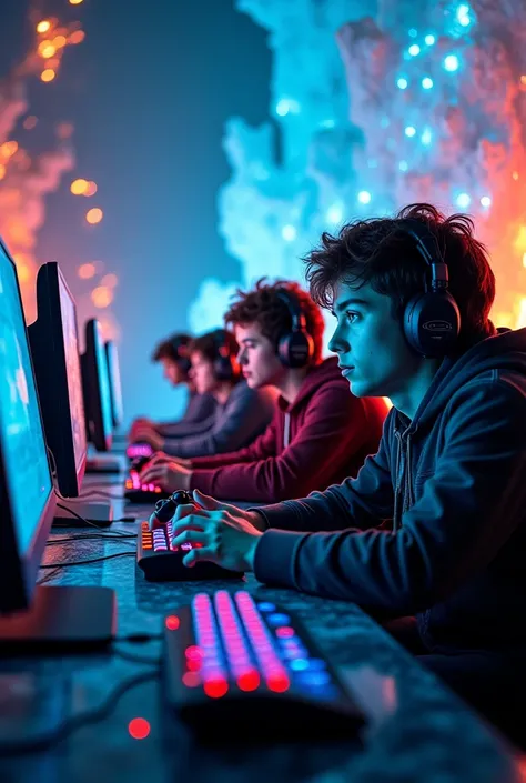 Several gamers in front of their screen in an ice and fire theme