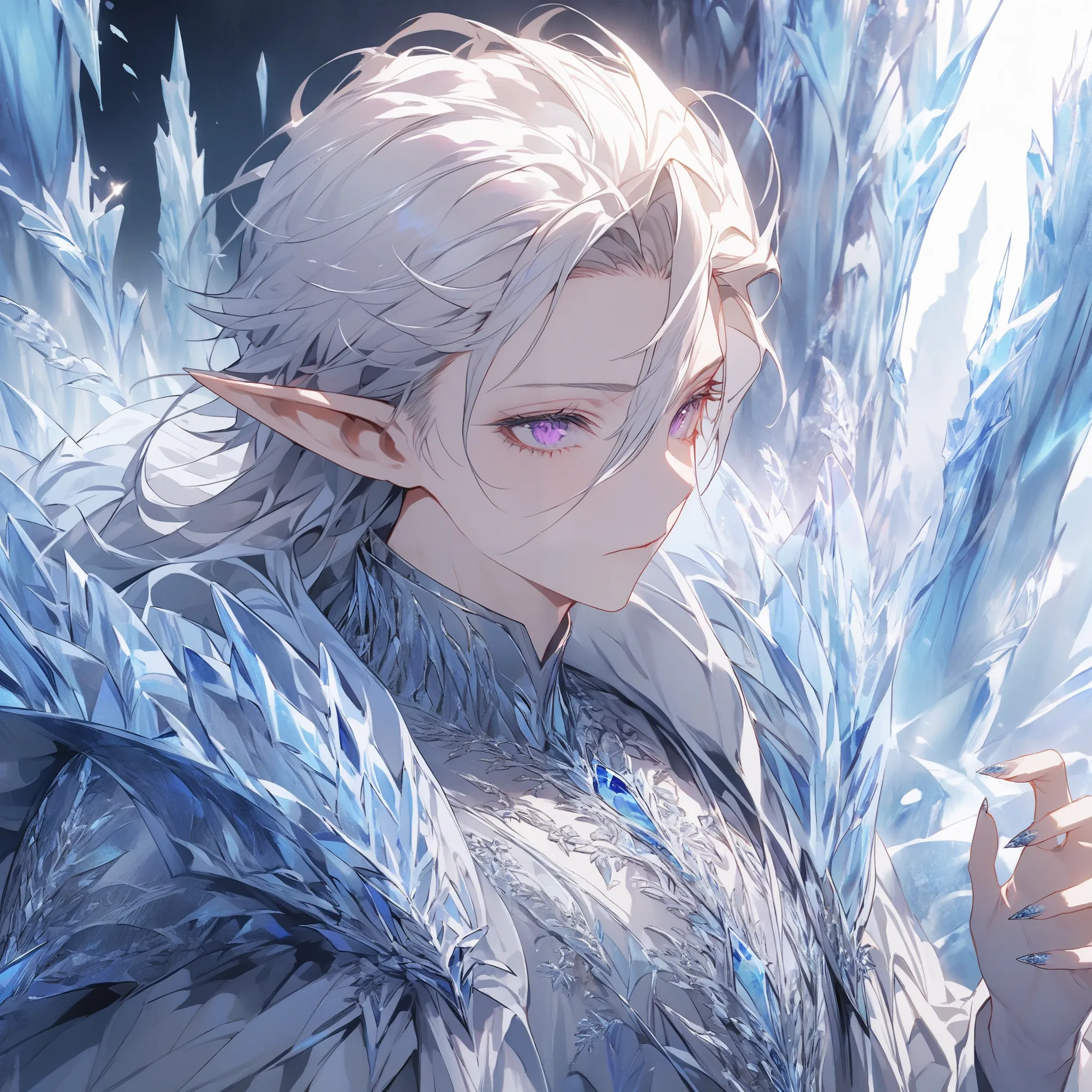 Detailed eyes, detailed face.

He is a tall, slender elf with sharp, angular features, his silver hair cascading like a frozen waterfall. Despite his centuries of life, his appearance is youthful, with smooth, unmarked skin and a vitality that belies his t...