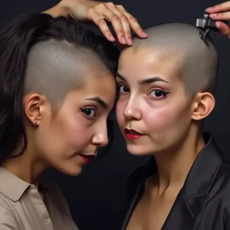  dark hair twin women, (shaving the other woman's head), both women are having their hair cut, facing each other, looking at viewer, long dark hair, side half bald heads, ((in their hands they are holding hair clippers to the other woman's head)), (((shavi...