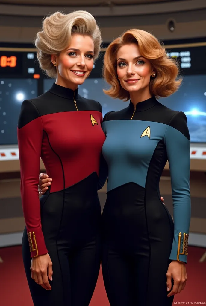 two people of the Frasier cast, reimagined as the crew of the starship enterprise, star trek, two women smiling