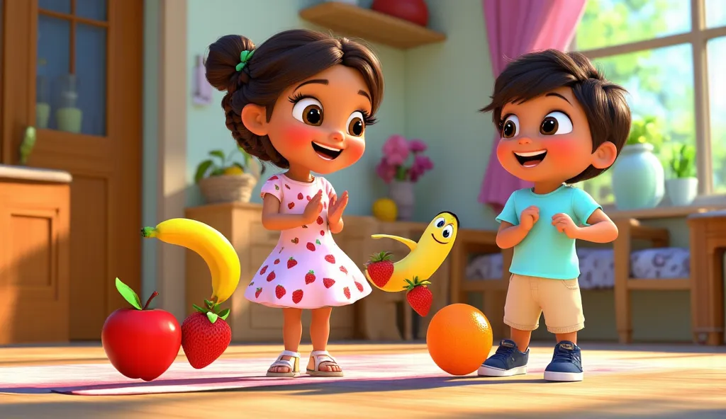 3D animated scene in the style of Disney Pixar: A red apple, a yellow banana, a smiling strawberry and a bouncing orange begin to sing and dance at the breakfast table. The fruits have large expressive eyes and friendly smiles. The four-year-old girl, roun...