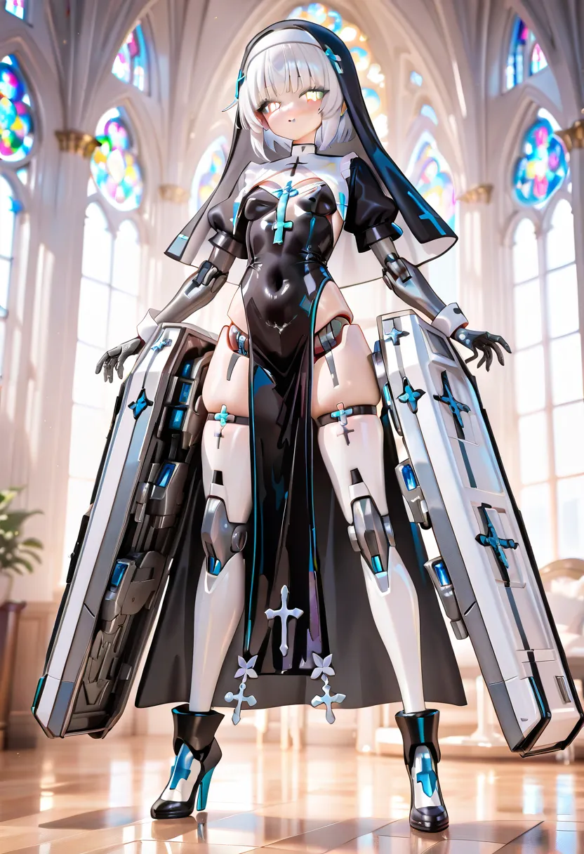   nun's habit clothes。Robot Girl。The location is a church 。 Machine Body 。Mechanical quadriceps。 Cross 。White eyes。Coffin-shaped armed unit。Machine Hands and Legs。cyberbody。battle