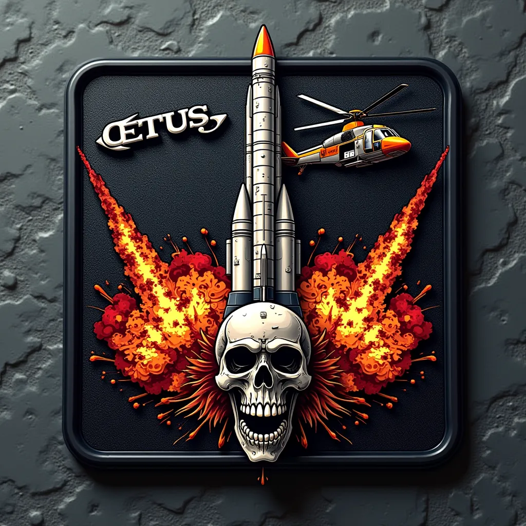 Create vector art, for rubberized patch, square, name CETUS, WITH A MISSILE IN THE MIDDLE, AN EXPLODING HELICOPTER AND A SKULL 