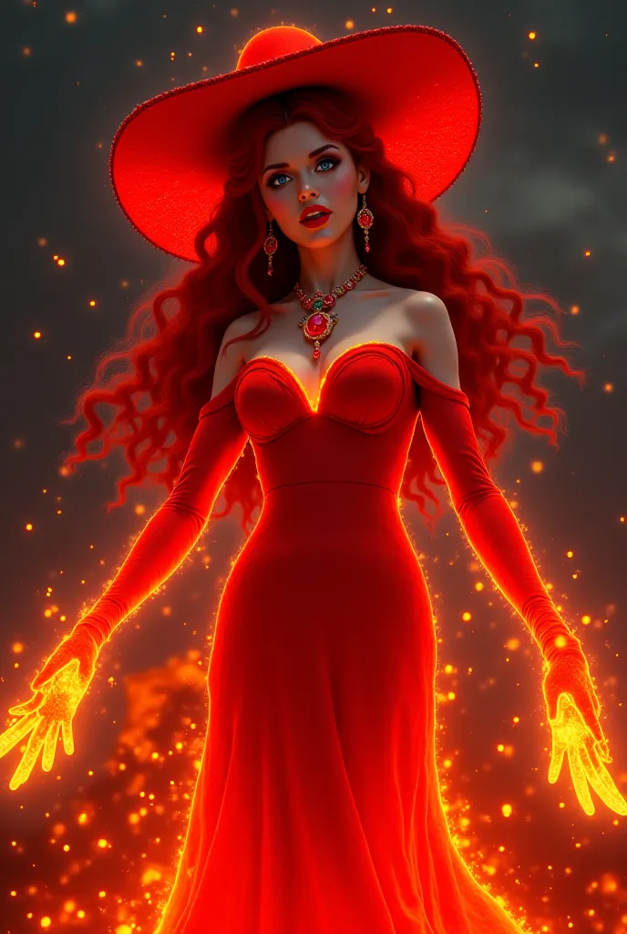 Female, Red Curly Long Hair, Large Decorative Red Hat, Glowing Lava Flow Skin, Huge Breasts, Glowing Blue Eyes, Red Lips, Ruby Earrings, Ruby Necklace, Red Lava Off Shoulder Gown, Shooting out Glowing Lava from hands, Erupting Volcano with Glowing Lava as ...