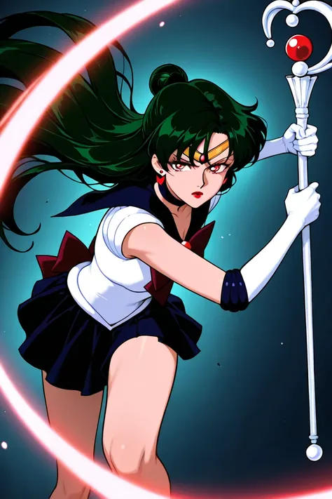 1 girl, Sailor Pluto is fighting in battle, holding her staff, strong, exuberant, blouse, adult woman, hand, fighting, active angles, dynamic composition, Sailor Pluto XL, sailor senshi uniform, lipstick, crimson eyes, hair bun, simple hair bun, gloves, ch...