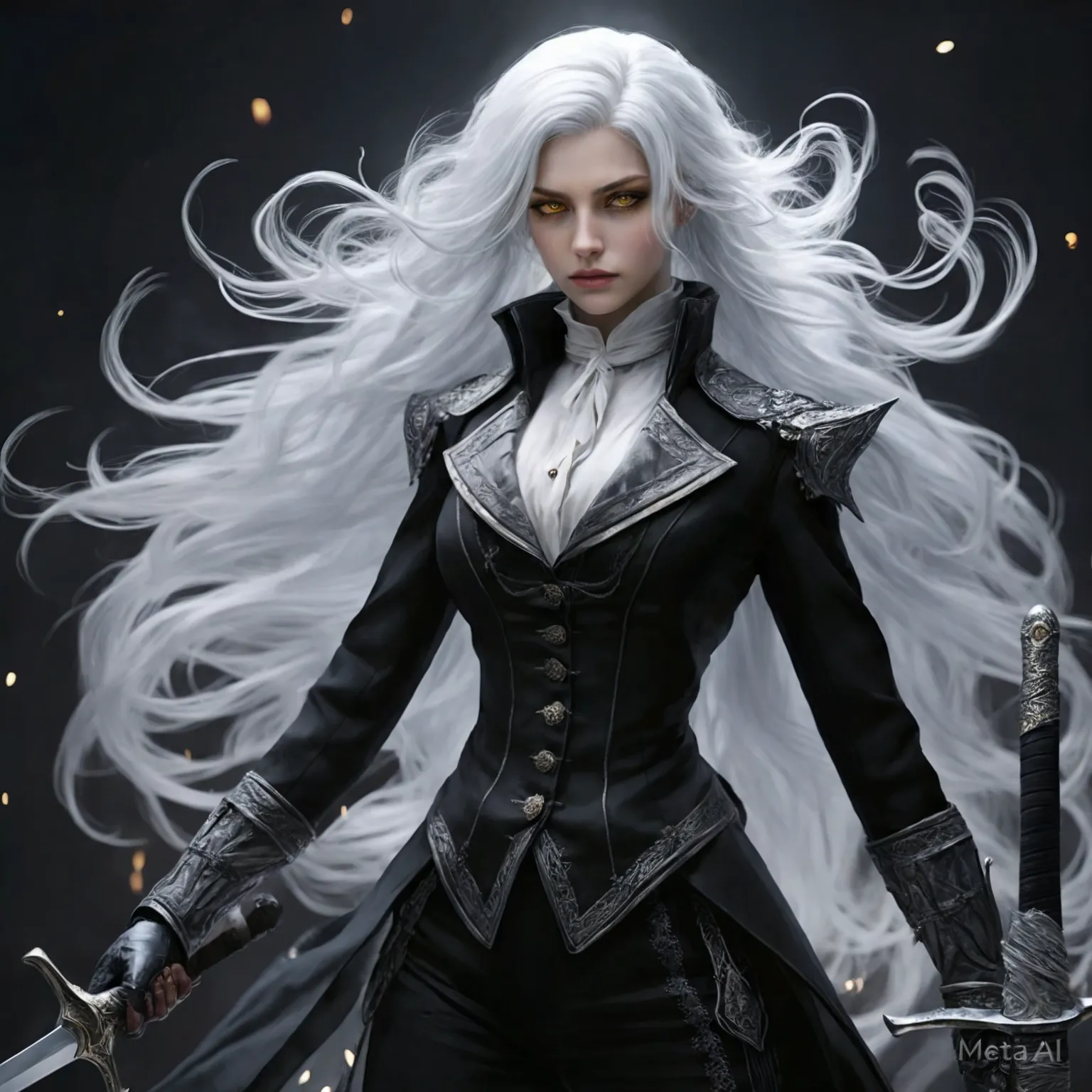 beautiful woman, human, albina with wavy and long white hair,  golden eyes,  unparalleled beauty . Victorian black clothing for men's, murderer, rpg, latin, Ice on the hands, full body,  golden eyes, medieval, photorealism, two swords. yellow eyes, photore...