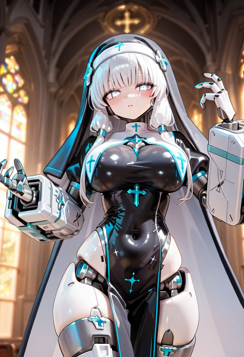   nun's habit clothes。Robot Girl。The location is a church 。 Machine Body 。Mechanical quadriceps。 Cross 。White eyes。Coffin。floating armed unit。Machine Hands and Legs。Cyber Body 。shooting