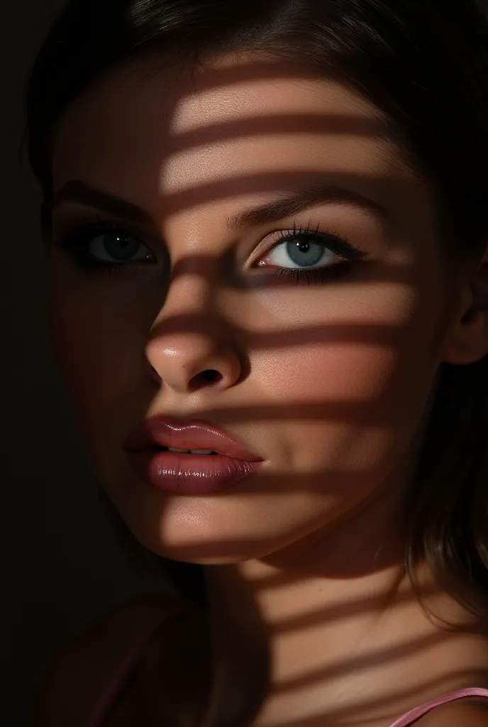 A striking close-up portrait of wiska, a woman with piercing blue eyes, partially illuminated by dramatic shadows cast through window blinds. Her intense gaze is emphasized by high-contrast lighting, with deep shadows obscuring parts of her face, creating ...