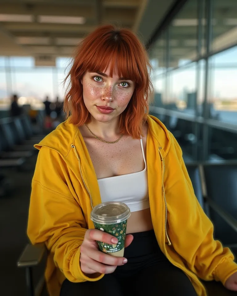 A selfie-style portrait of **Nicole**, a 19-year-old with pale, freckled skin, vivid green eyes, and collarbone-length red hair (wispy bangs framing her face), sitting in an airport lounge. She wears a **bright yellow oversized hoodie** that slips off one ...