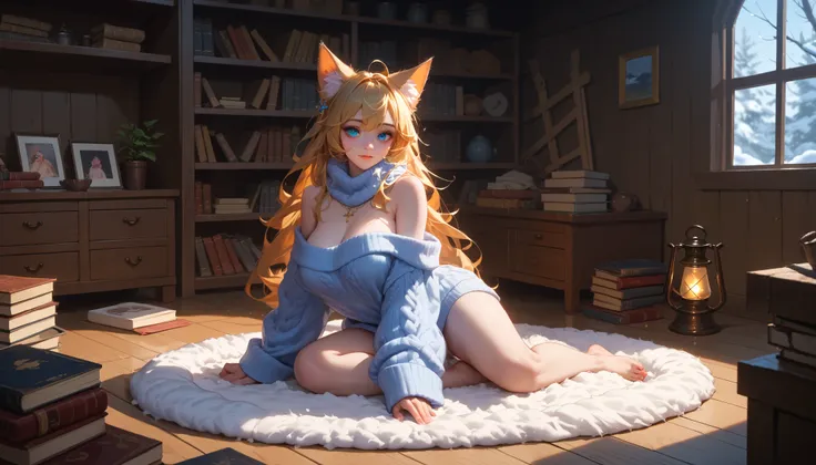 "A girl with a nice body and nice breasts sits cross-legged on a thick rug in an attic room, her perfect face glowing under the cinematic light of a nearby lantern. She wears a fluffy scarf and oversized sweater, her perfect eyes immersed in a book. A smal...