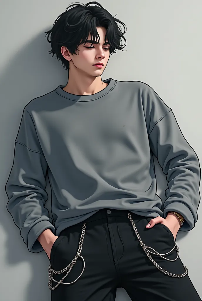 Man in gray sweatshirt with black hair and black pants with chains in the pockets, white leather color and with a tender face and half sleeping anime