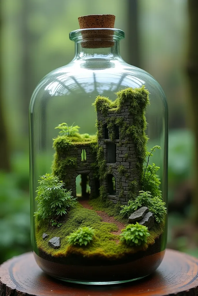 A terrarium enclosed inside a glass bottle, recreating a setting inspired by English forests.  The environment is dense , covered by lush green mosses, with a humid and mysterious atmosphere.  in the center, a ruined medieval castle, with stones covered by...