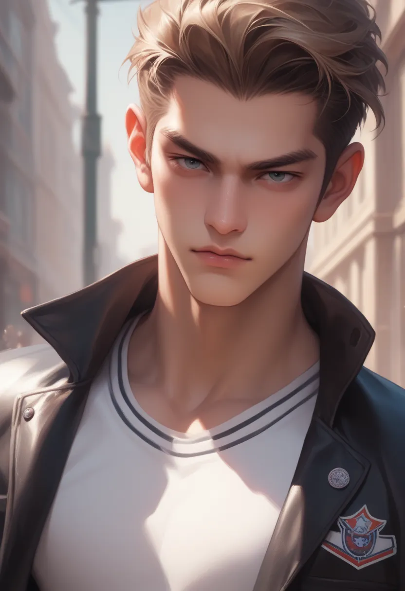 A handsome man in his 20s a confident pose, he's wearing a letterman jacket, a serious expression, looking at the viewer, detailed facial features, muscular build, intense gaze, leather jacket, jeans confident , outdoor urban setting, close up