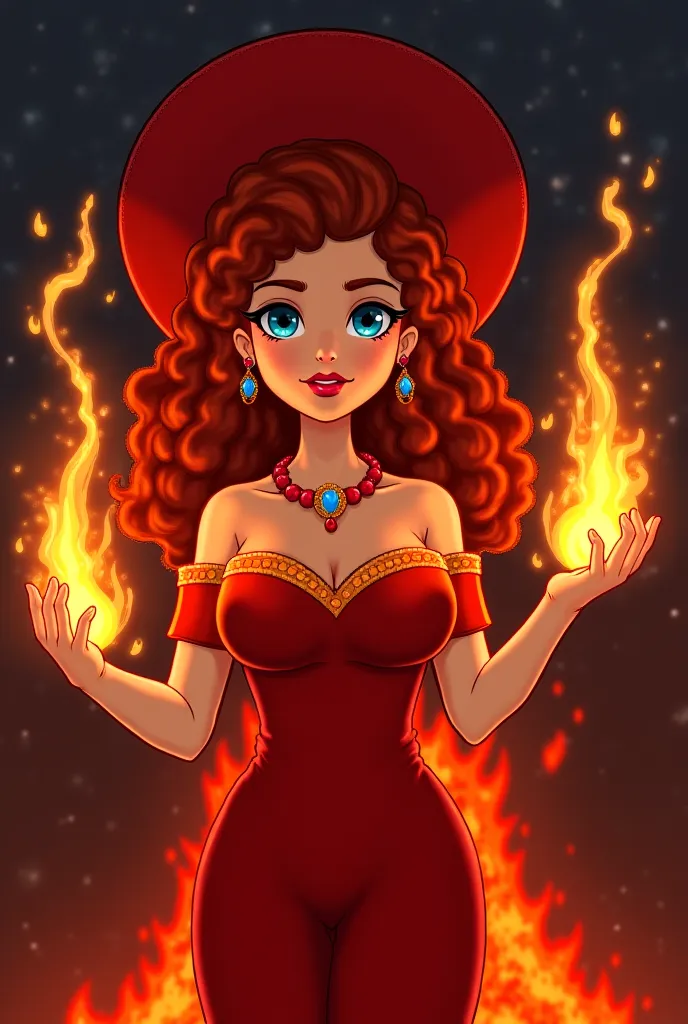 Female, Young Girl, Red Curly Long Hair, Large Decorative Red Hat, Huge Breasts, Blue Eyes, Red Lips, Ruby Earrings, Ruby Necklace, Red Lava Off Shoulder Gown, Shooting out Glowing Lava from hands, Erupting Volcano with Glowing Lava as Background, Night Ti...