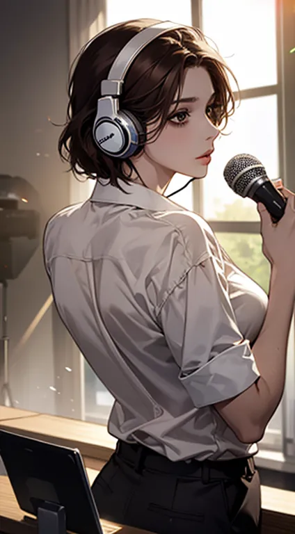 masterpiece, Best Quality, breasts, illustration,, reception desk, Alone,   microphone,   headphones, Realistic,   brown hair, shirt, , white shirt, back,   microphone,   microphone stand,  